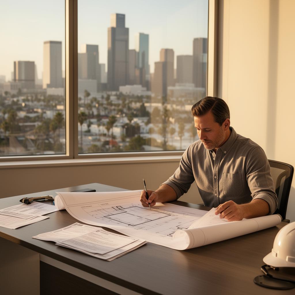 Los Angeles permit expert reviewing construction blueprints